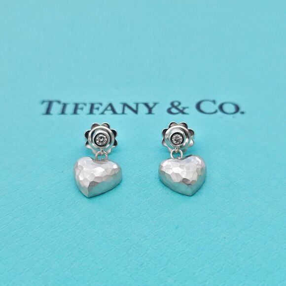 Tiffany & Co. Jewelry - Vintage Tiffany & Co. Paloma Picasso Diamond 18k Hammered Heart Dangle Earrings